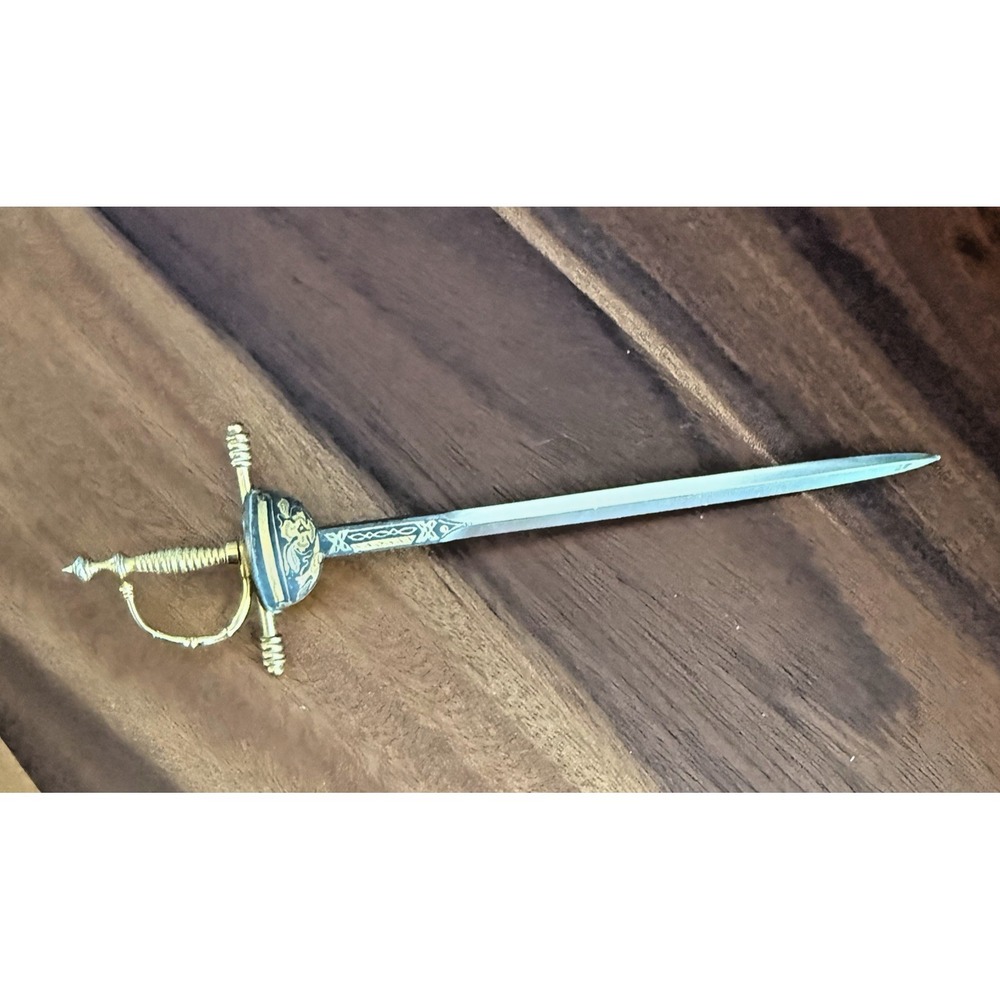 Vintage Brass Sword Letter Opener Damascene Style Black Gold Floral 8.75" Desk